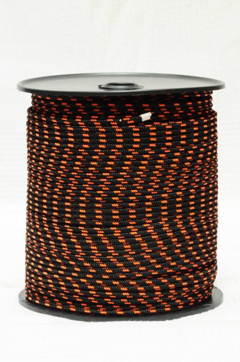 Djembe Seil kaufen - Ø5 mm schwarzes / neon-oranges vorgerecktes Tau 200 m Spule für Djembe und Trommel